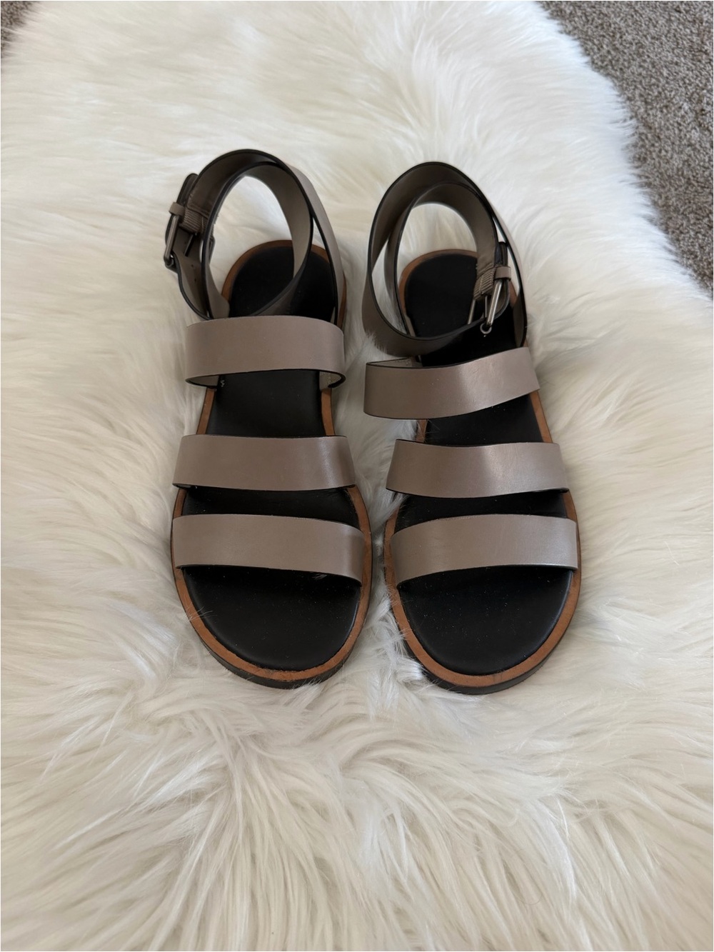 Vince Neutral Taupe Triple-Strap Leather Sandals